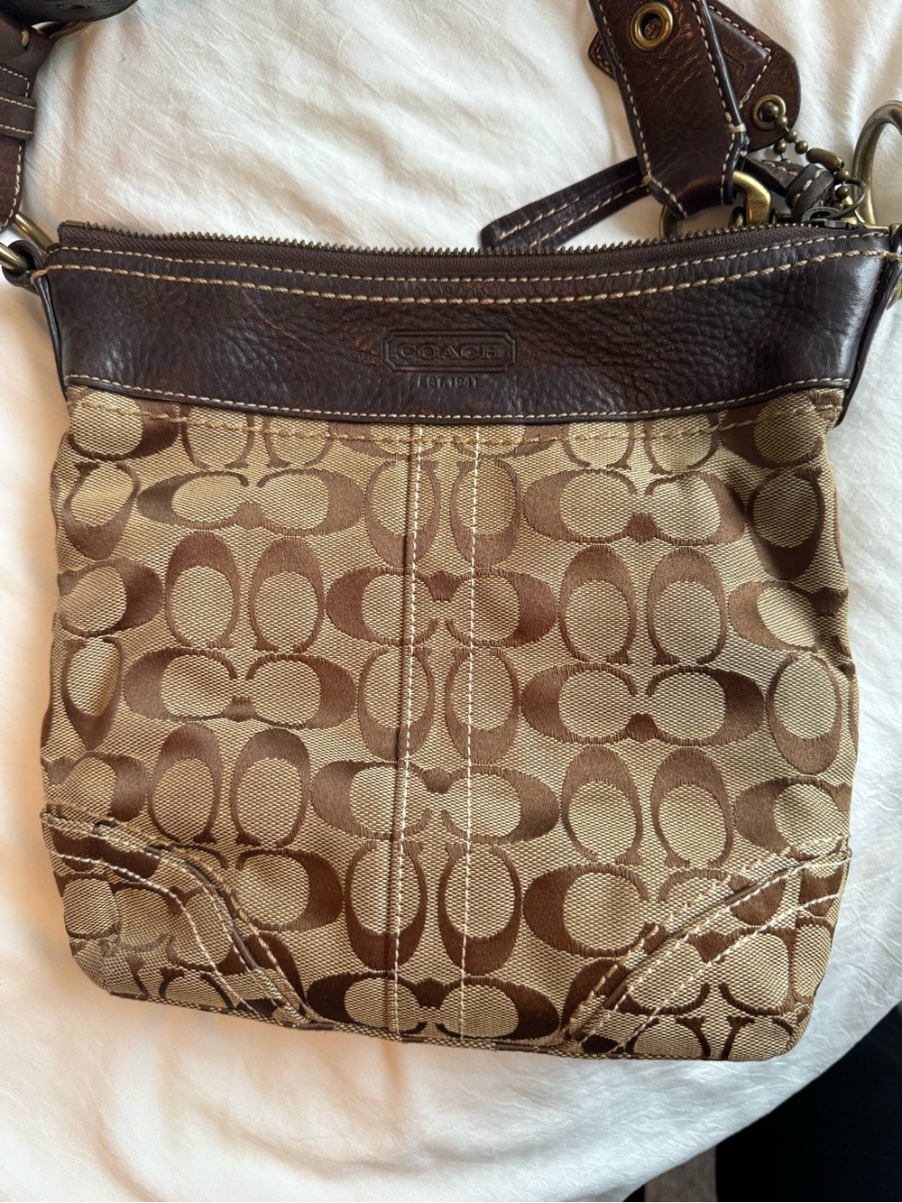Coach Tan and Brown Signature Jacquard Crossbody Bag